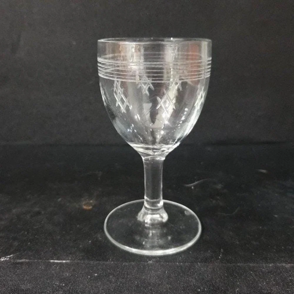 Criss-Cross Bands Liqueur Glass, 3oz Clear Cordial Stemware, Mid-Century Barware